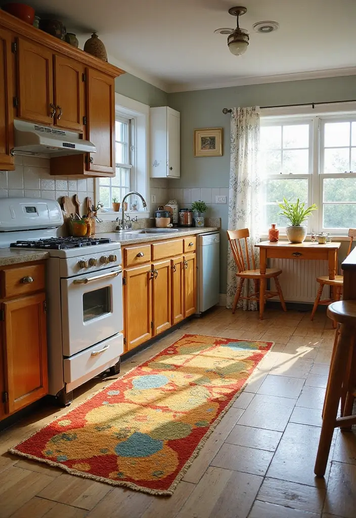 30 Retro Kitchen Designs That Mix Nostalgia and Style 10 30 Retro Kitchen Designs That Mix Nostalgia and Style - 10. Playful Rugs