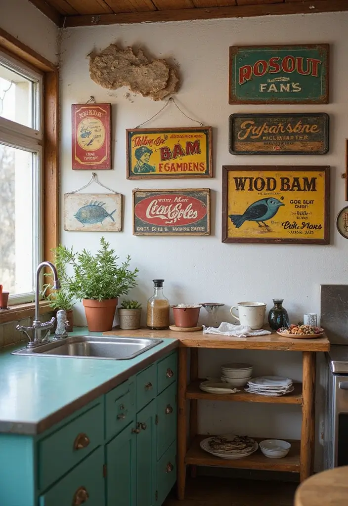 30 Retro Kitchen Designs That Mix Nostalgia and Style 17 30 Retro Kitchen Designs That Mix Nostalgia and Style - 17. Unique Wall Art