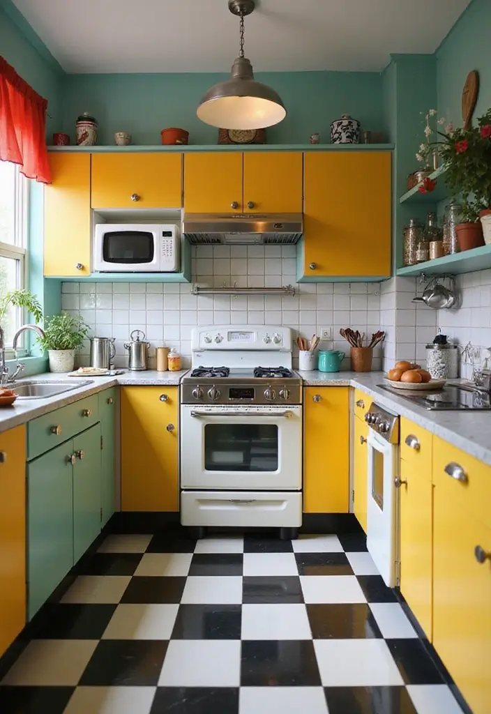 30 Retro Kitchen Designs That Mix Nostalgia and Style 2 30 Retro Kitchen Designs That Mix Nostalgia and Style - 2. Classic Checkerboard Floors