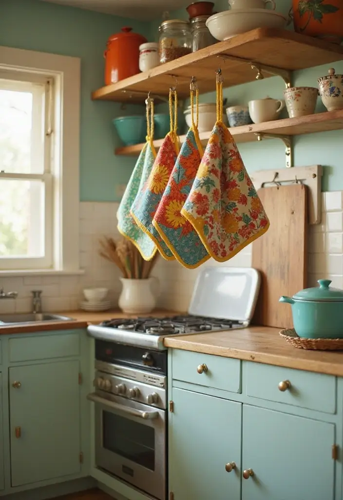 30 Retro Kitchen Designs That Mix Nostalgia and Style 21 30 Retro Kitchen Designs That Mix Nostalgia and Style - 21. Fun Pot Holders
