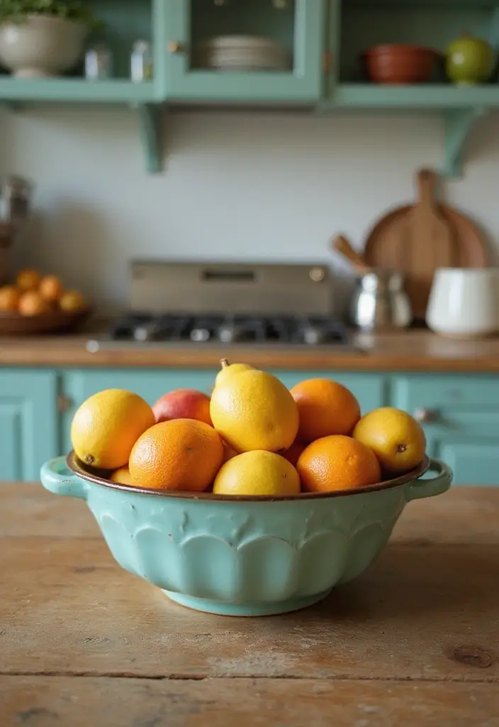 30 Retro Kitchen Designs That Mix Nostalgia and Style 24 30 Retro Kitchen Designs That Mix Nostalgia and Style - 24. Vibrant Fruit Bowls