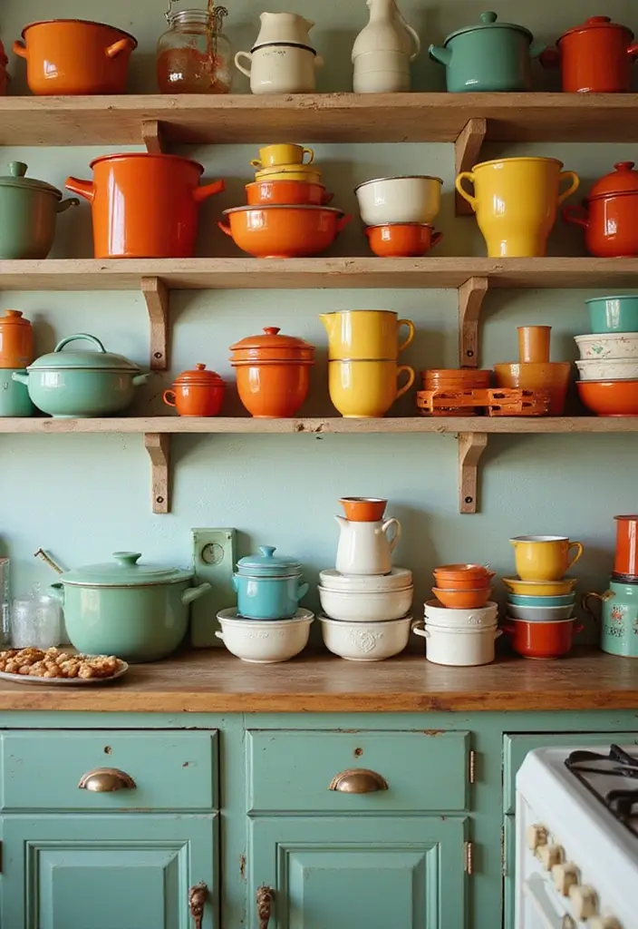 30 Retro Kitchen Designs That Mix Nostalgia and Style 26 30 Retro Kitchen Designs That Mix Nostalgia and Style - 26. Colorful Bakeware