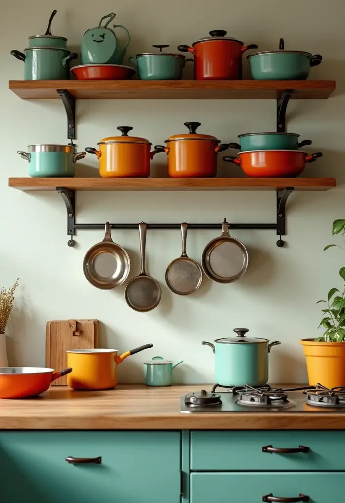 30 Retro Kitchen Designs That Mix Nostalgia and Style 28 30 Retro Kitchen Designs That Mix Nostalgia and Style - 28. Stylish Pot Racks