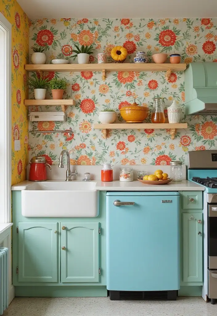 30 Retro Kitchen Designs That Mix Nostalgia and Style 4 30 Retro Kitchen Designs That Mix Nostalgia and Style - 4. Whimsical Wallpaper
