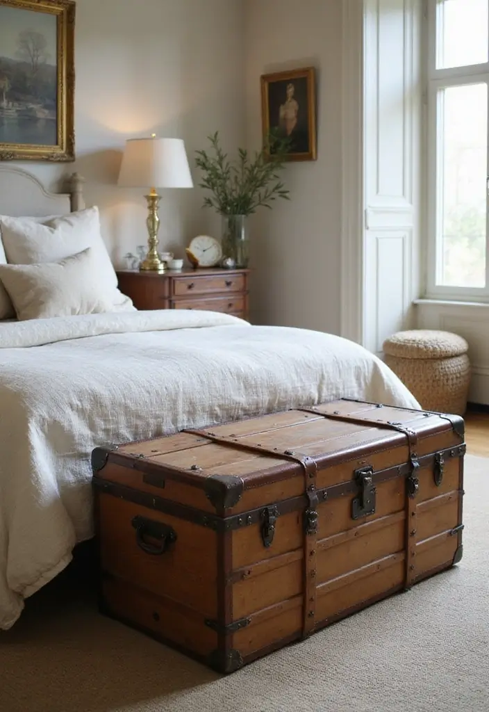 30 Vintage French Bedroom Inspirations with Romance 12 30 Vintage French Bedroom Inspirations with Romance - 12. Vintage Trunks
