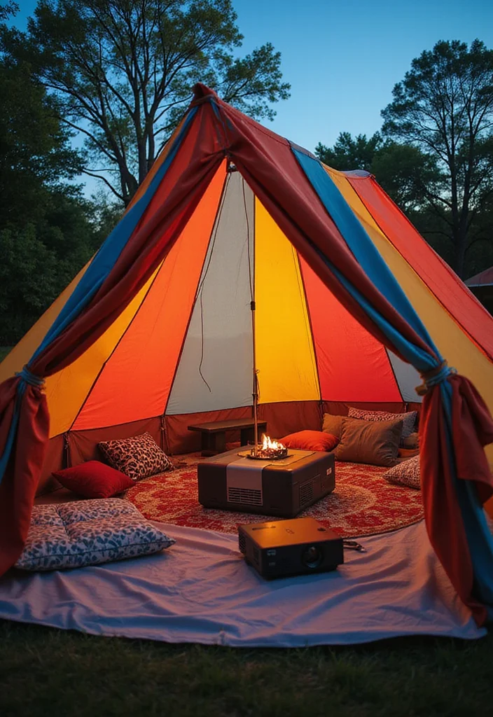 10 Backyard Stage Ideas for Fun Outdoor Events - 8. Colorful Tent with Projector Setup