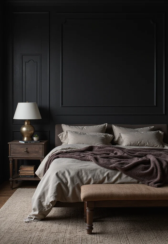 10 Black Wall Bedroom Ideas with Bold Modern Drama - 3. Luxe Layering