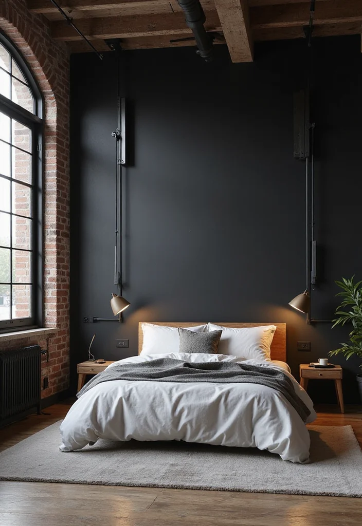 10 Black Wall Bedroom Ideas with Bold Modern Drama - 5. Industrial Edge