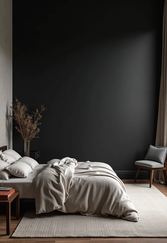 10 Black Wall Bedroom Ideas with Bold Modern Drama - 6. Cozy Minimalism