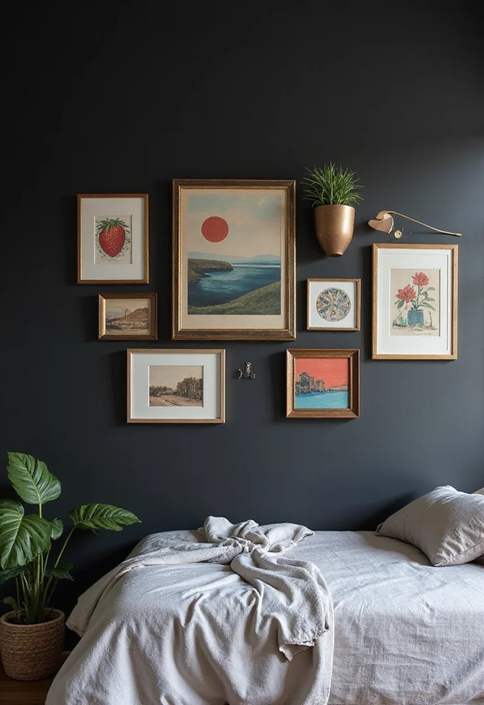 10 Black Wall Bedroom Ideas with Bold Modern Drama - 7. Art-Infused Atmosphere