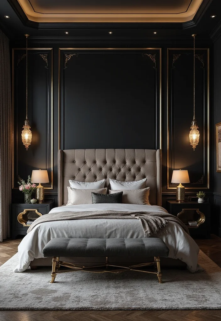 10 Black Wall Bedroom Ideas with Bold Modern Drama - 9. Glamorous Touches