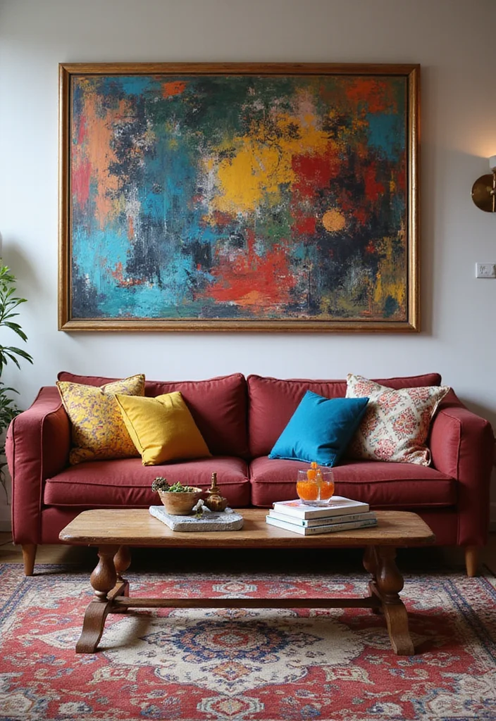10 Burgundy Sofa Living Room Ideas for Rich Sophisticated Style - 10. Artistic Flair