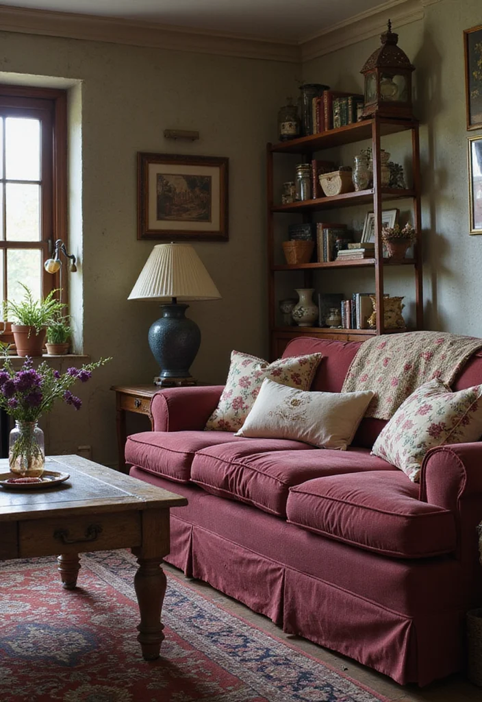 10 Burgundy Sofa Living Room Ideas for Rich Sophisticated Style - 2. Vintage Charm with Floral Patterns