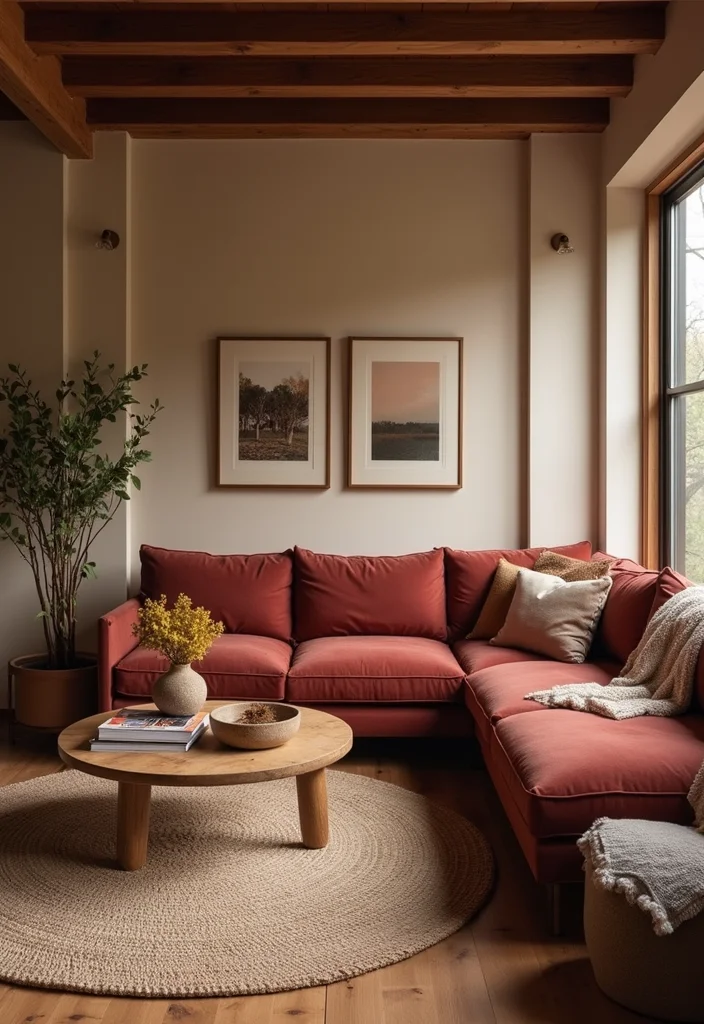 10 Burgundy Sofa Living Room Ideas for Rich Sophisticated Style - 4. Cozy Earth Tones