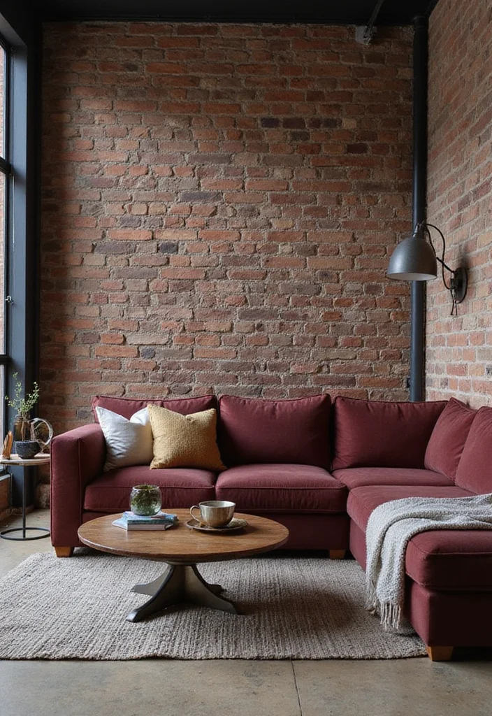 10 Burgundy Sofa Living Room Ideas for Rich Sophisticated Style - 8. Industrial Edge
