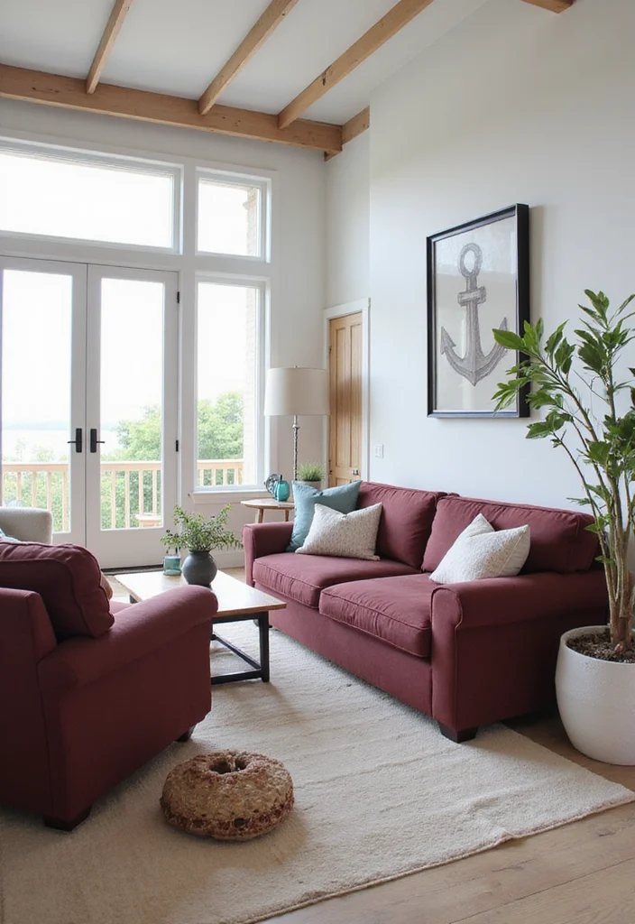 10 Burgundy Sofa Living Room Ideas for Rich Sophisticated Style - 9. Coastal Inspired
