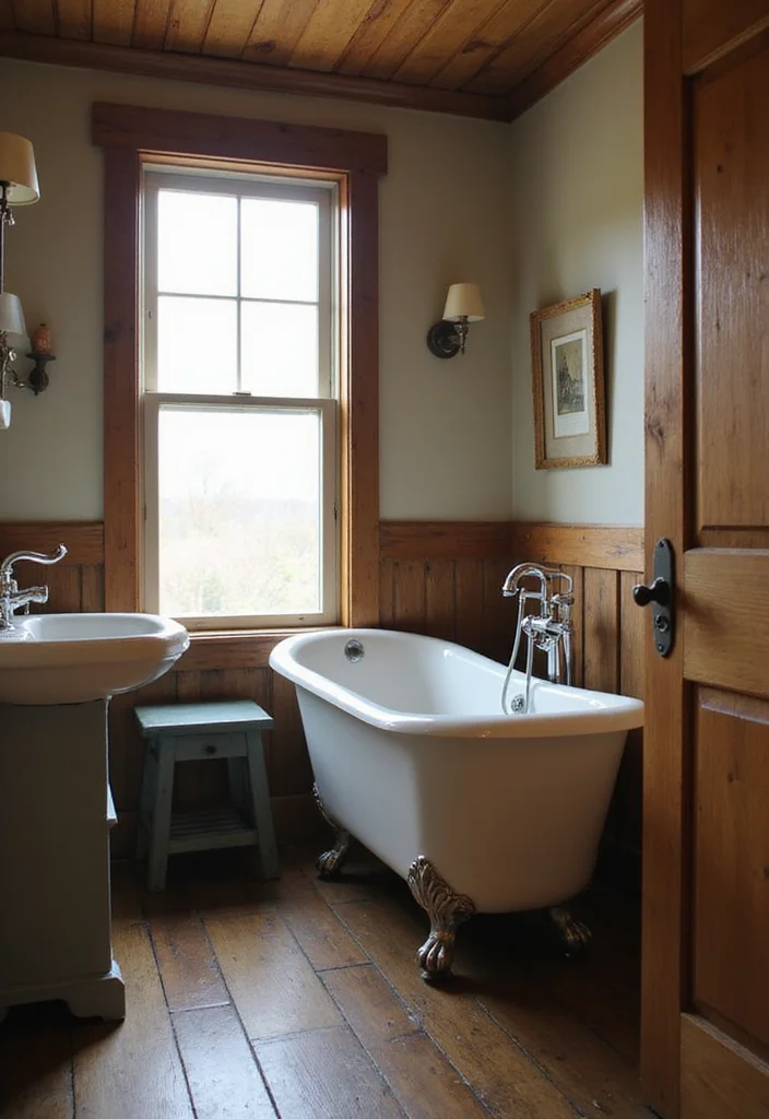 10 Outhouse Bathroom Ideas with Rustic Vintage Appeal - 2. Vintage Fixtures