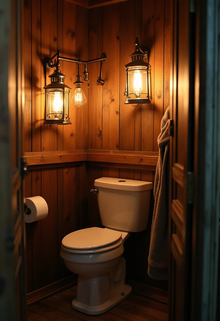 10 Outhouse Bathroom Ideas with Rustic Vintage Appeal - 7. Vintage Lighting
