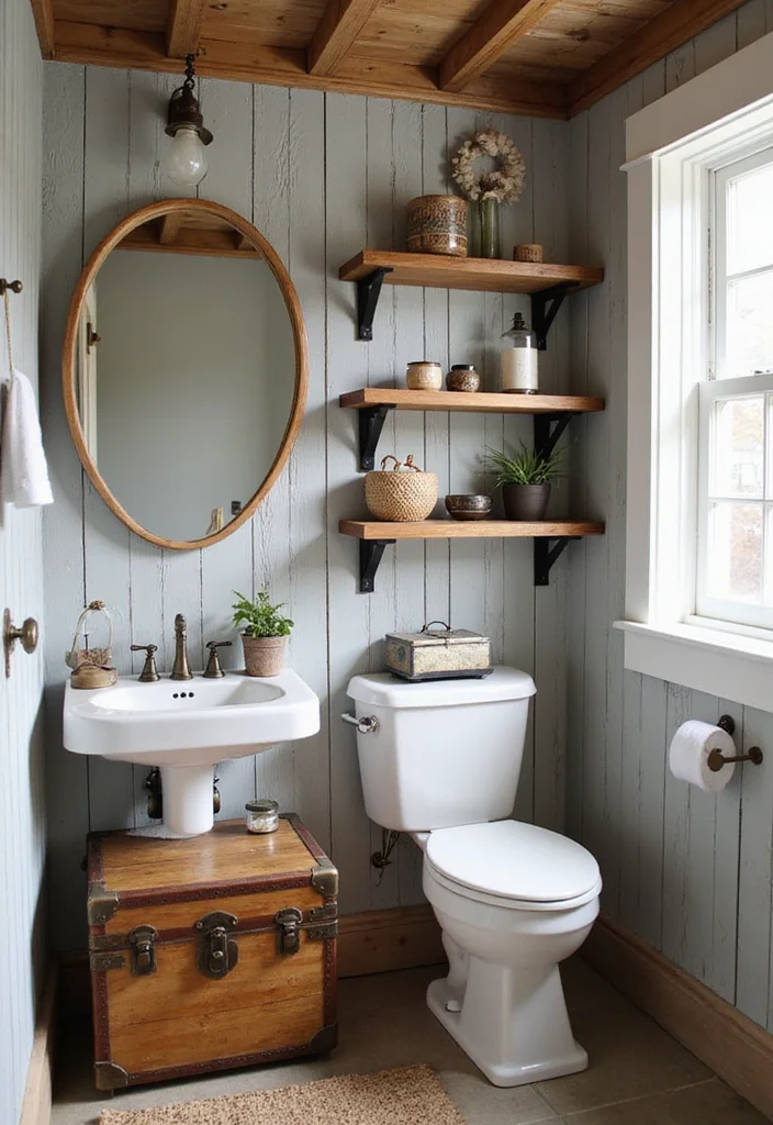 10 Outhouse Bathroom Ideas with Rustic Vintage Appeal - 8. Small Space Storage Solutions
