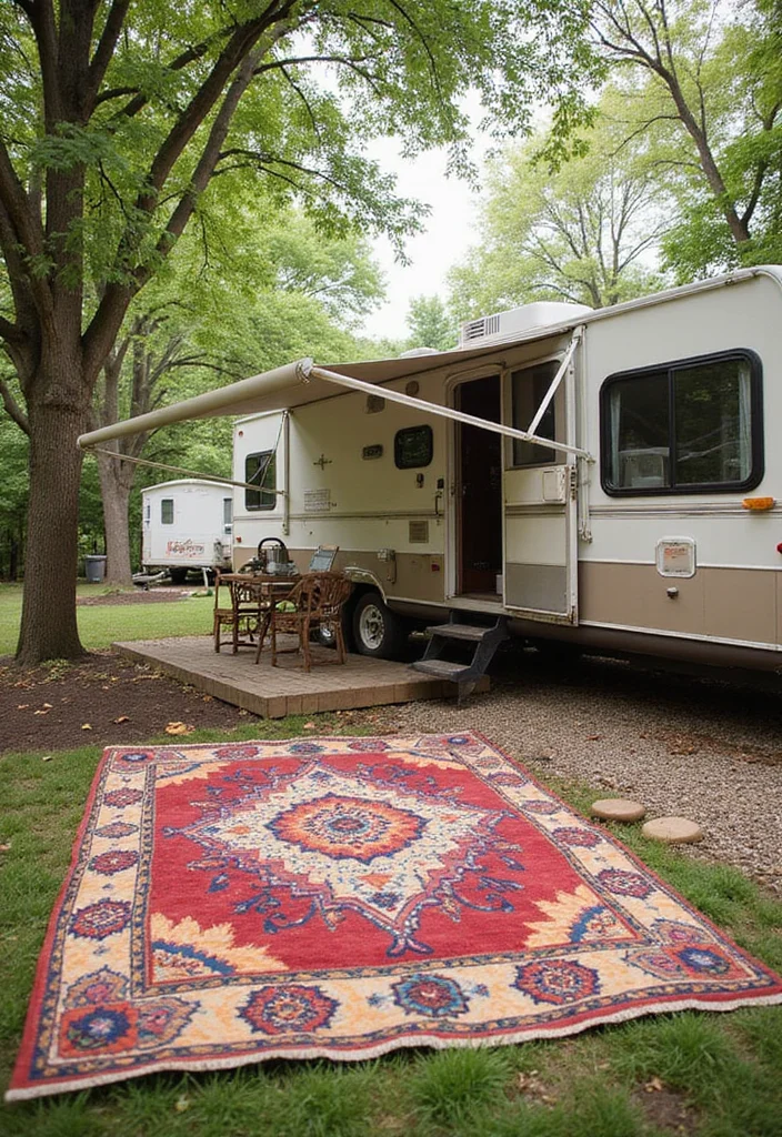 12 Backyard RV Parking Ideas for Organized Practical Layouts - 5. Colorful Outdoor Rugs