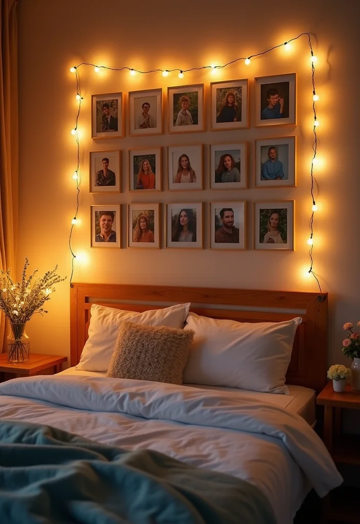 12 Bedroom Picture Wall Ideas for Personalized Decor - 3. String Lights Accent