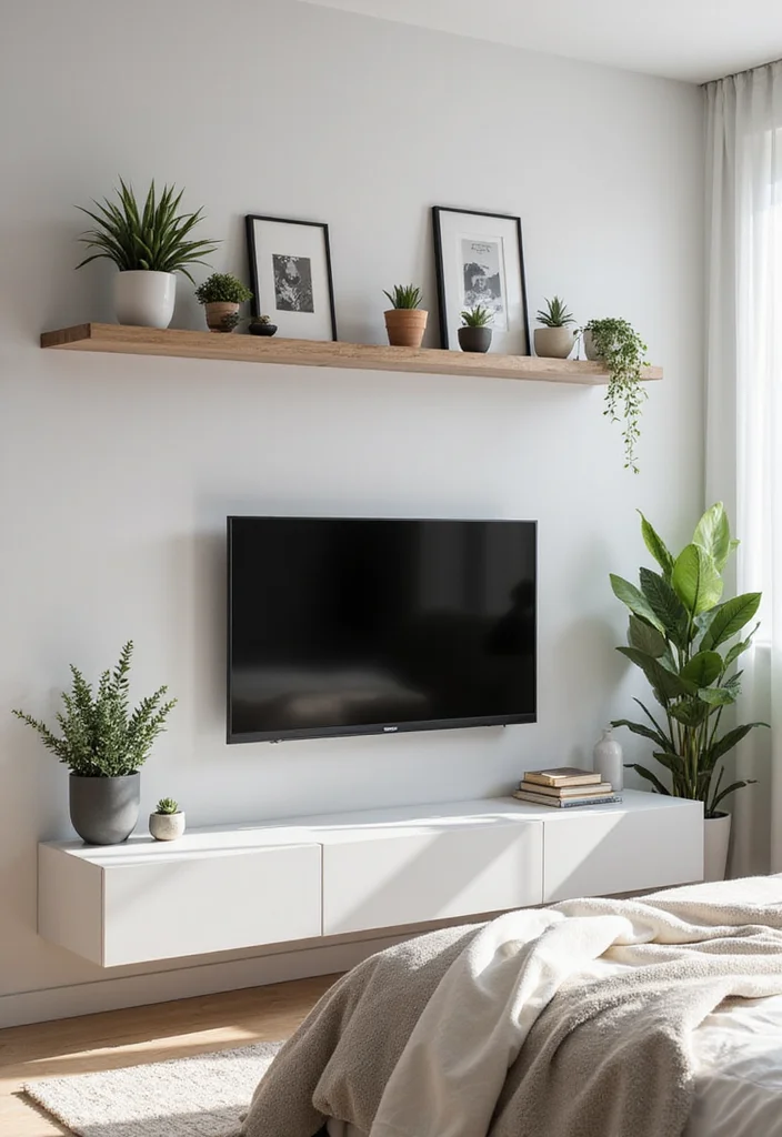 12 Bedroom TV Wall Ideas for Neat Integrated Design - 1. Floating Shelves for a Clean Look