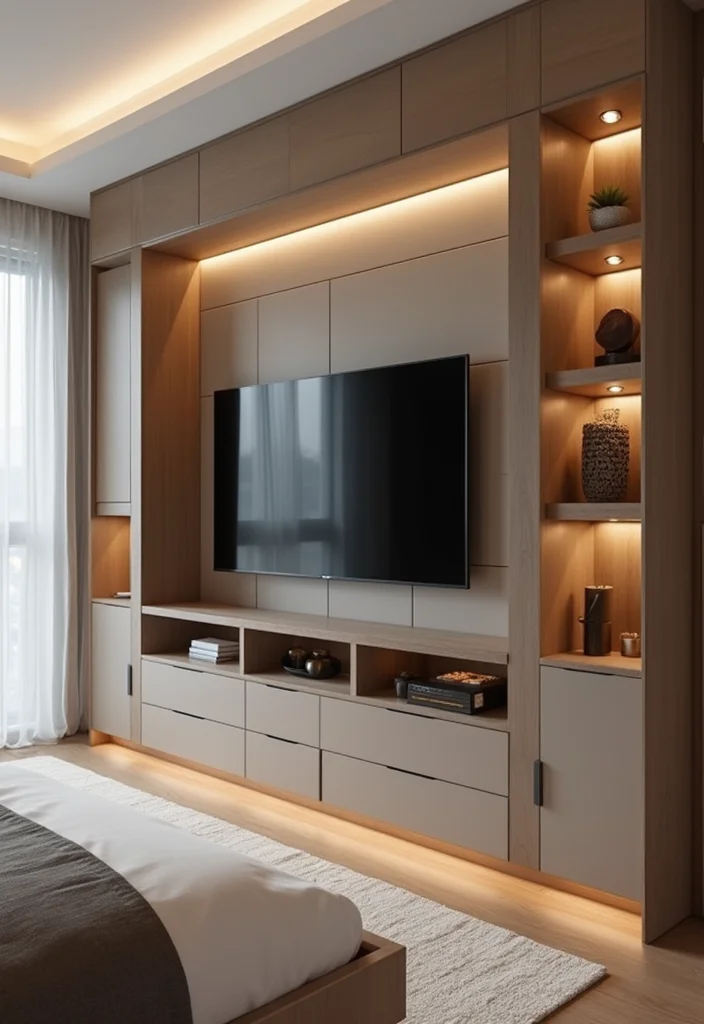 12 Bedroom TV Wall Ideas for Neat Integrated Design - 2. Built-In Cabinets for Hidden Storage