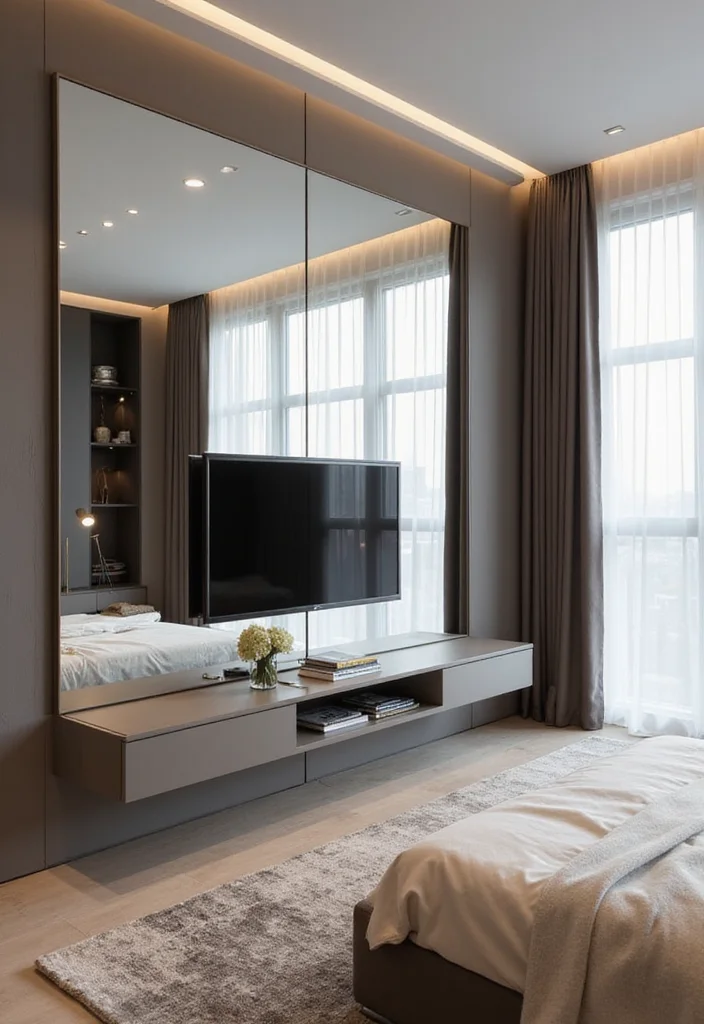 12 Bedroom TV Wall Ideas for Neat Integrated Design - 4. TV Behind a Mirror