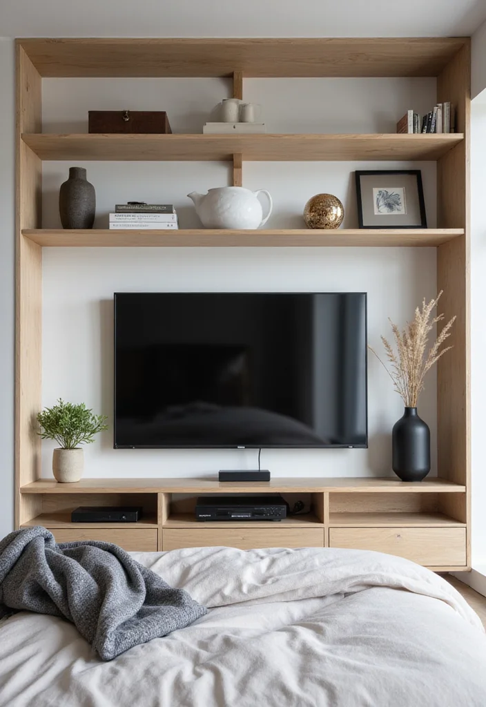 12 Bedroom TV Wall Ideas for Neat Integrated Design - 8. Minimalist TV Stand