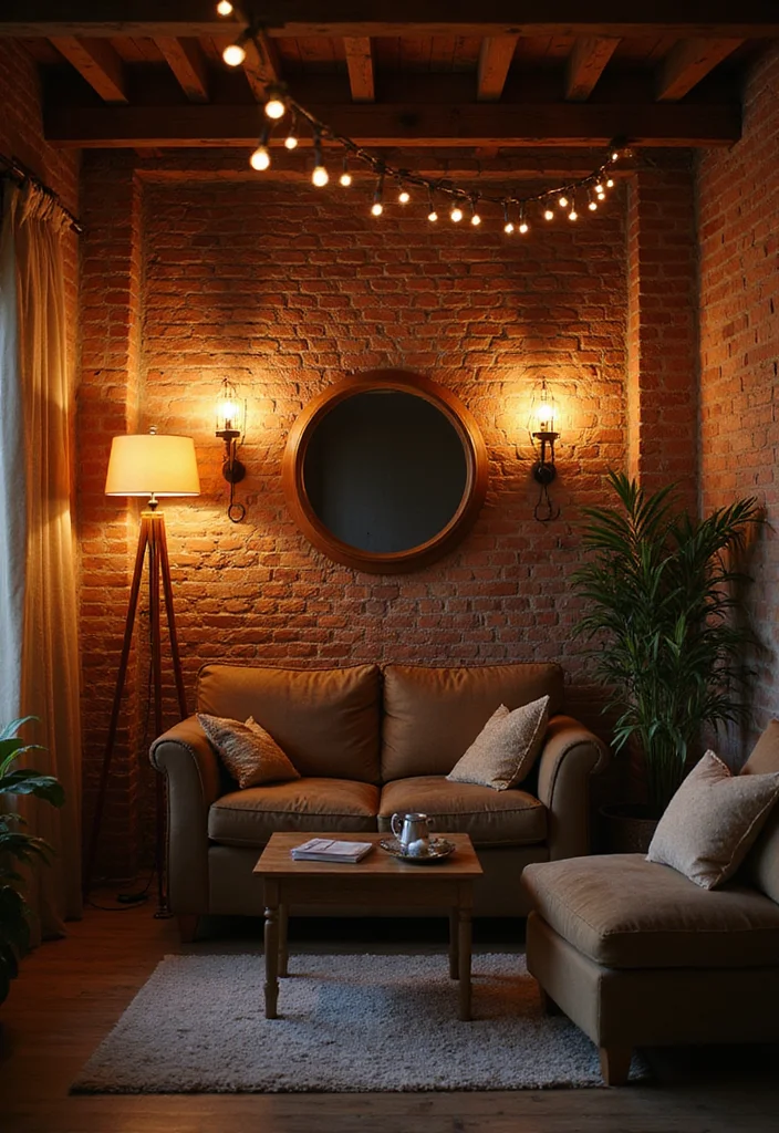 12 Brick Wall Living Room Ideas for Rustic Textured Character 100 12 Brick Wall Living Room Ideas for Rustic Textured Character - 10. Warm Lighting Effects