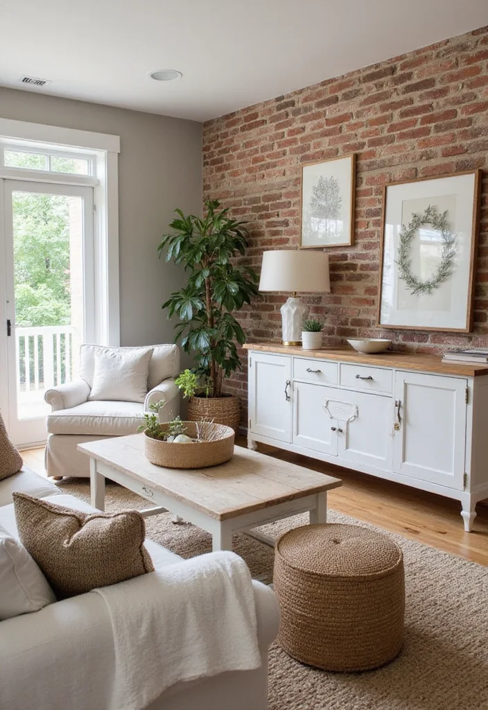 12 Brick Wall Living Room Ideas for Rustic Textured Character 45 12 Brick Wall Living Room Ideas for Rustic Textured Character - 5. Modern Farmhouse Fusion