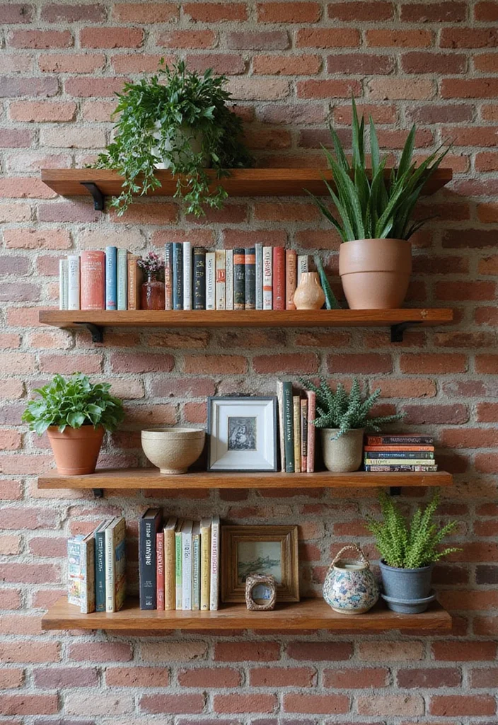 12 Brick Wall Living Room Ideas for Rustic Textured Character 56 12 Brick Wall Living Room Ideas for Rustic Textured Character - 6. Open Shelving Display