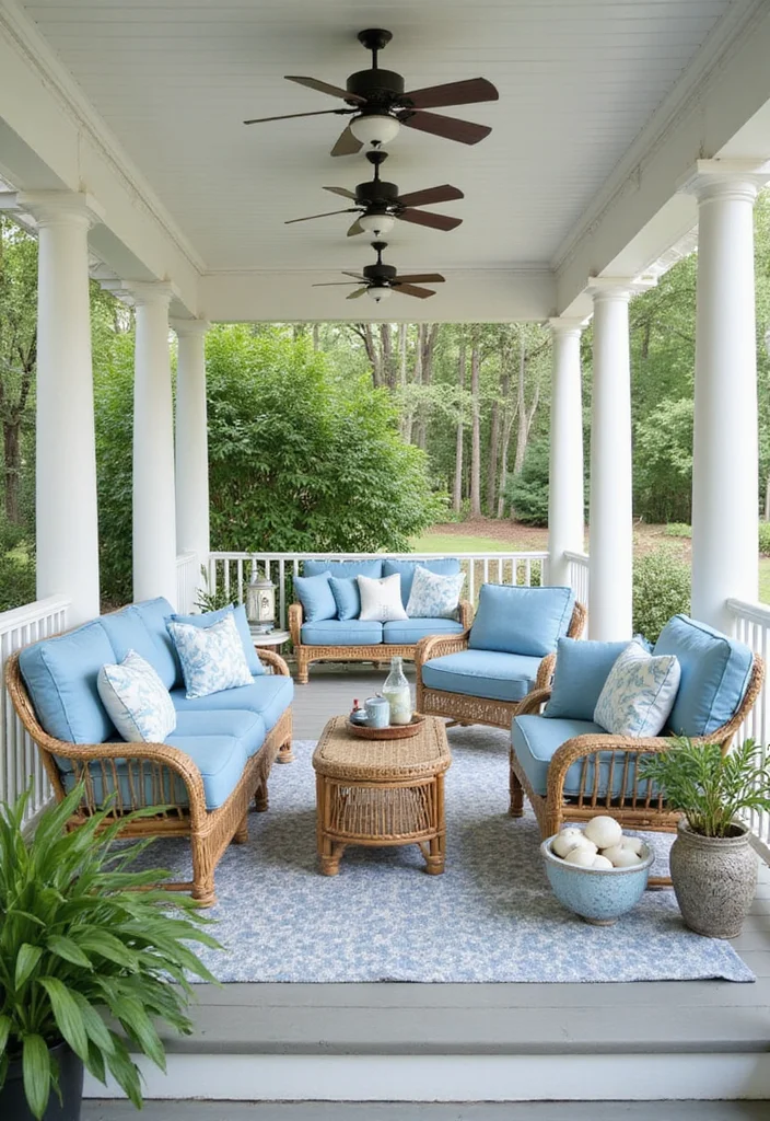12 Covered Porch Ideas Backyard for Relaxed Outdoor Living - 2. Coastal Vibes with Light Fabrics