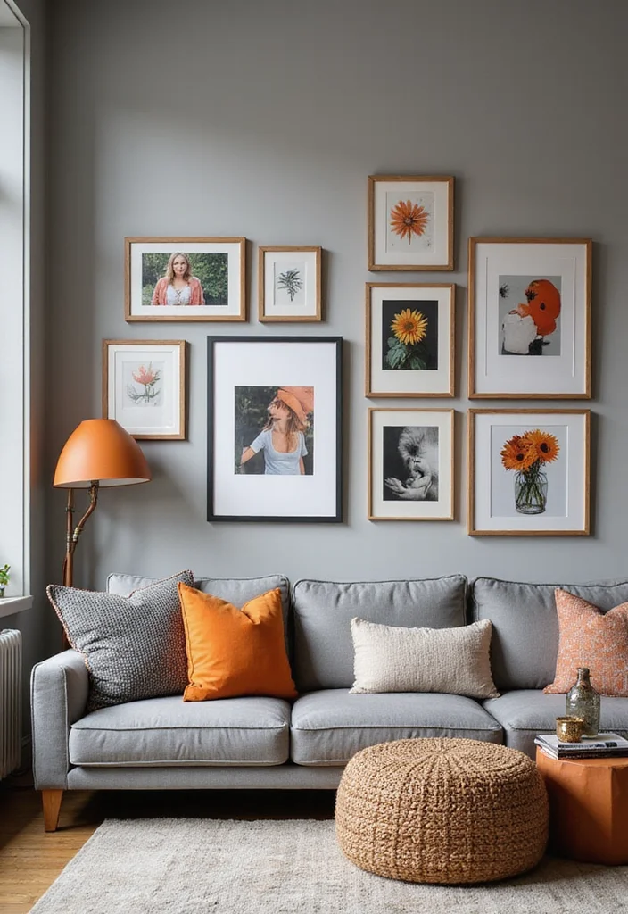 12 Gray and Orange Living Room Ideas with Energetic Balance - 10. Gray and Orange Wall Décor
