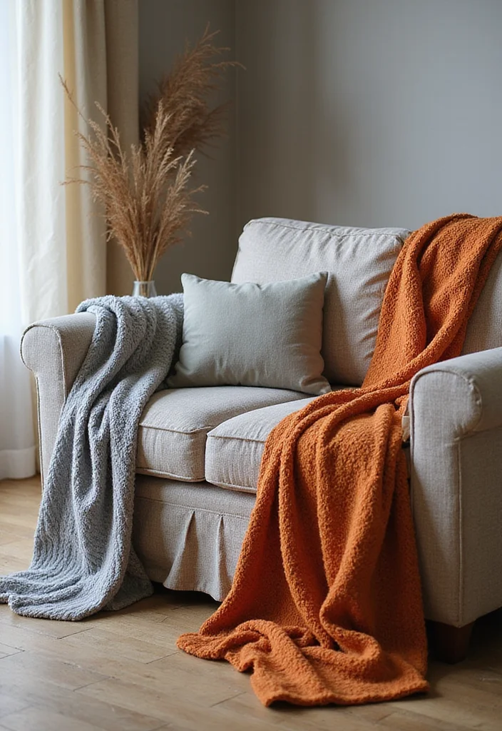 12 Gray and Orange Living Room Ideas with Energetic Balance - 11. Cozy Throws and Blankets