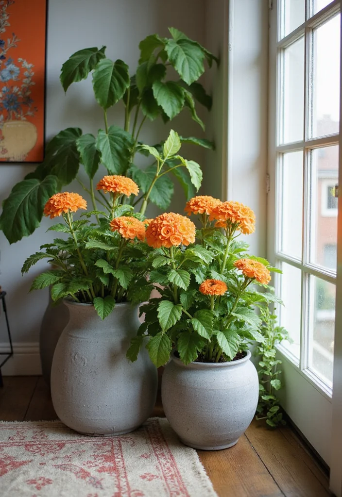 12 Gray and Orange Living Room Ideas with Energetic Balance - 12. Personal Touches with Orange Plants