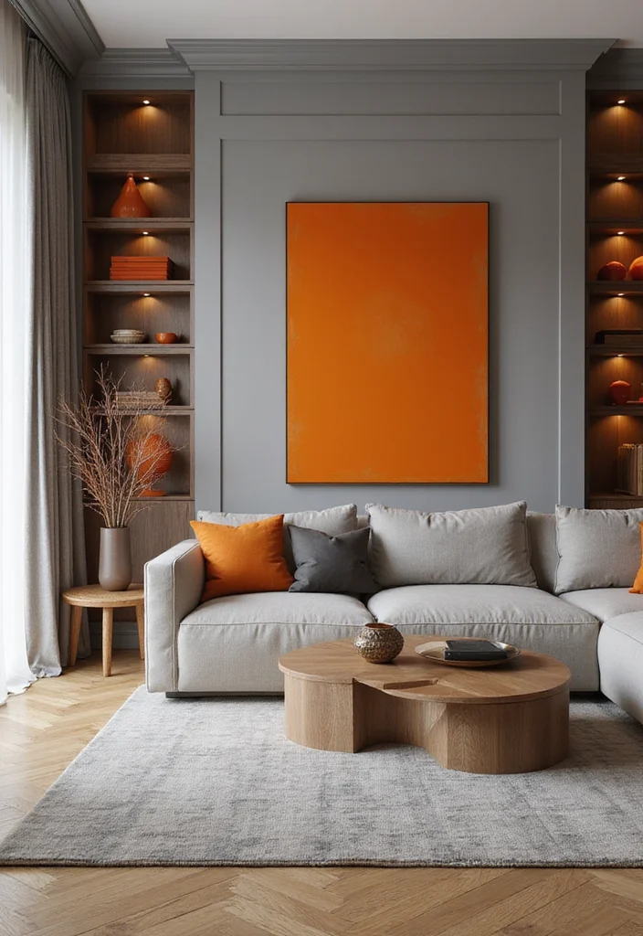 12 Gray and Orange Living Room Ideas with Energetic Balance - 2. Gray Accent Wall with Orange Art
