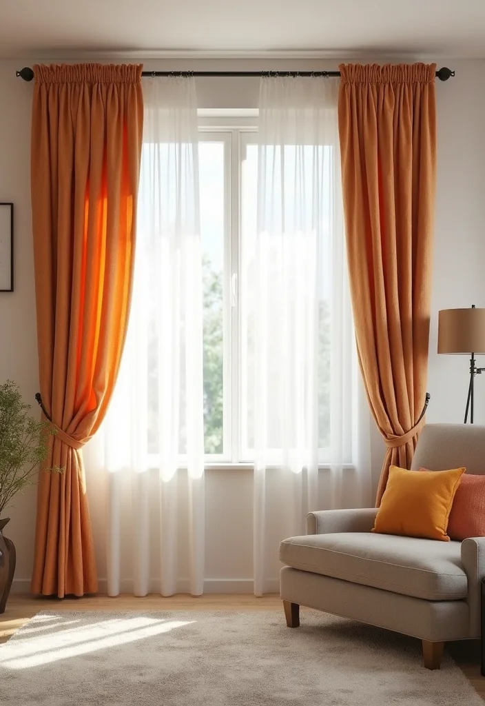 12 Gray and Orange Living Room Ideas with Energetic Balance - 3. Orange and Gray Striped Curtains