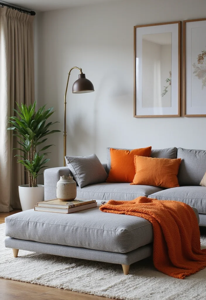 12 Gray and Orange Living Room Ideas with Energetic Balance - 4. Multi-Functional Gray and Orange ottoman