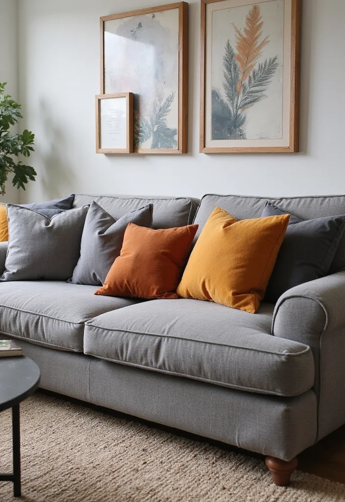 12 Gray and Orange Living Room Ideas with Energetic Balance - 7. Layered Textures with Gray and Orange Throw Pillows