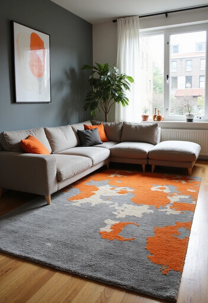 12 Gray and Orange Living Room Ideas with Energetic Balance - 8. Artistic Orange and Gray Rugs