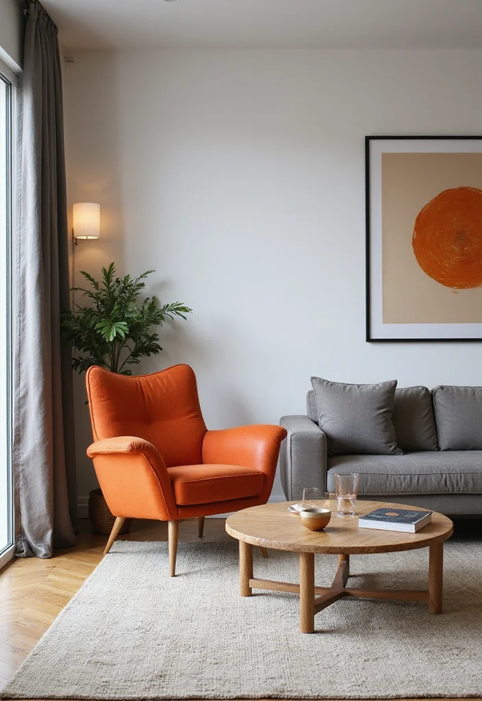 12 Gray and Orange Living Room Ideas with Energetic Balance - 9. Accent Furniture in Orange