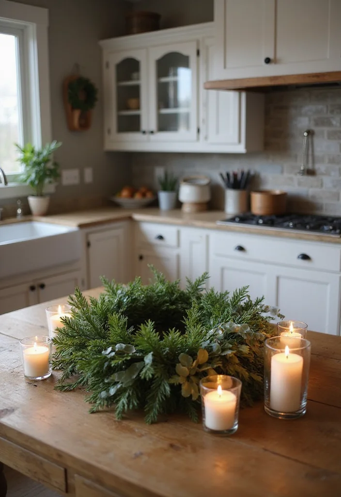 12 Kitchen Island Christmas Decor Ideas for Festive Charm - 10. Handmade Wreath Centerpiece