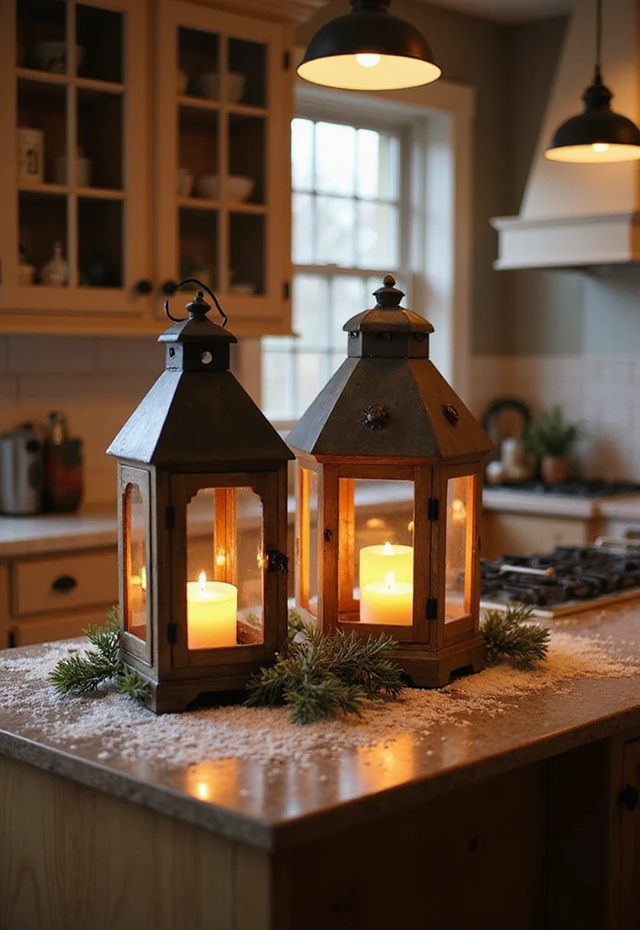 12 Kitchen Island Christmas Decor Ideas for Festive Charm - 3. Rustic Lanterns