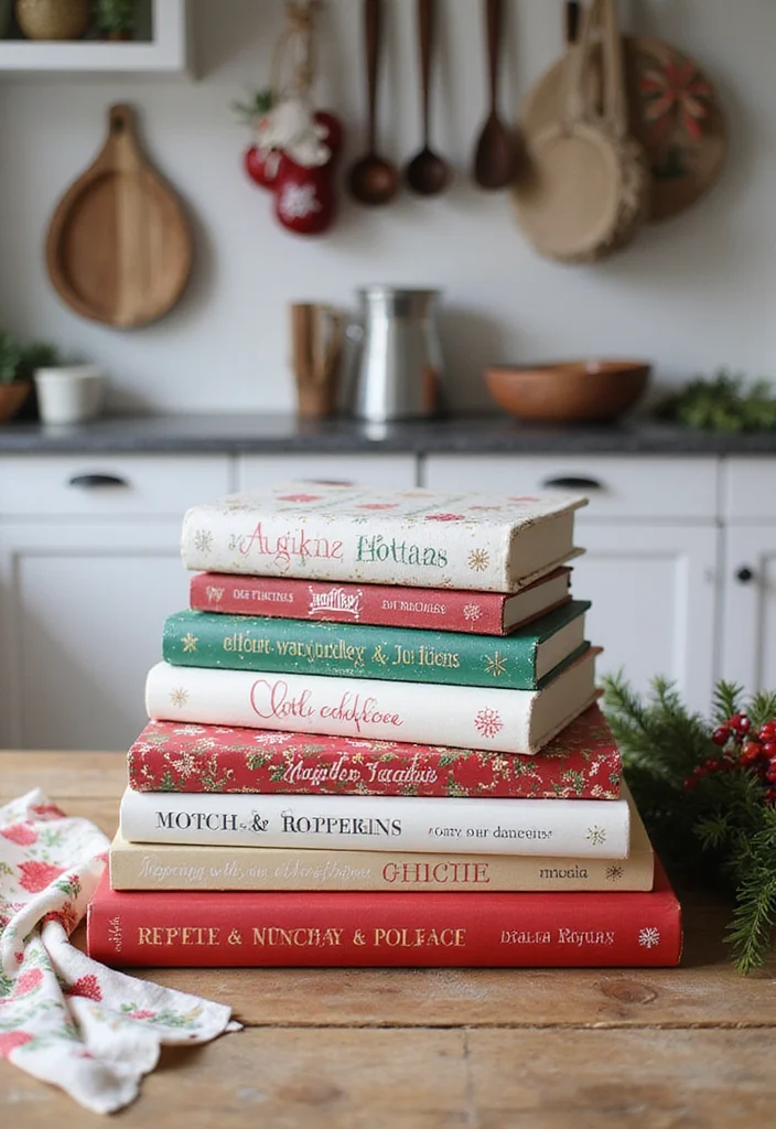 12 Kitchen Island Christmas Decor Ideas for Festive Charm - 4. Holiday-Themed Cookbooks