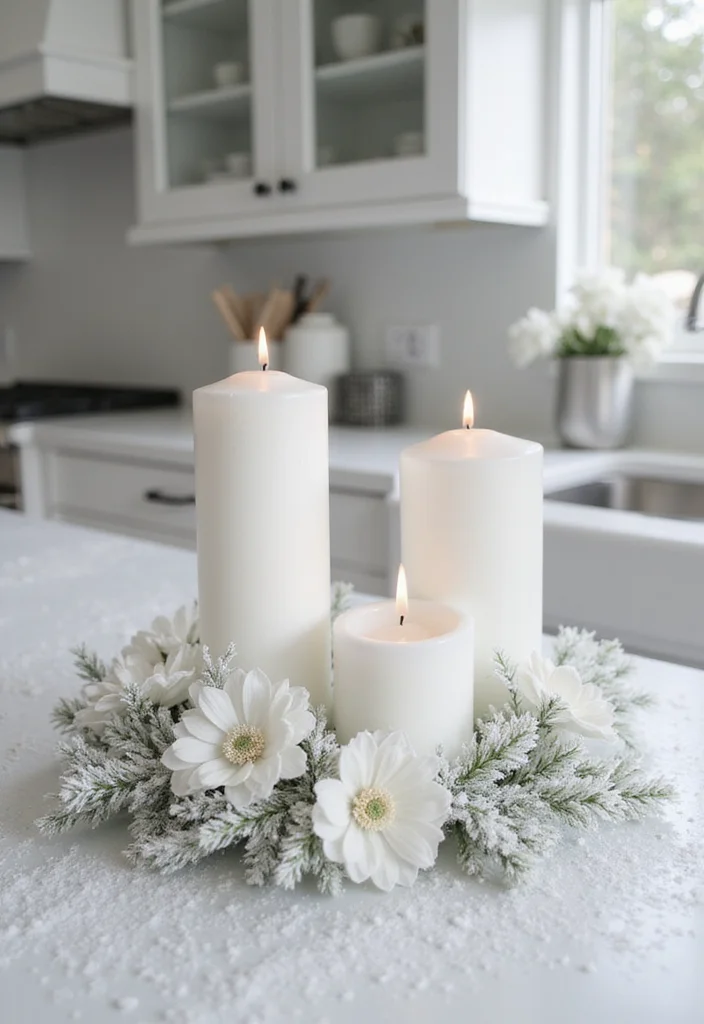 12 Kitchen Island Christmas Decor Ideas for Festive Charm - 7. Snowy White Theme