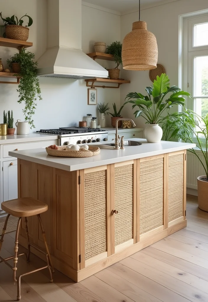 12 Kitchen Island Paneling Ideas for a Custom Built Look - 9. Woven Rattan Panels