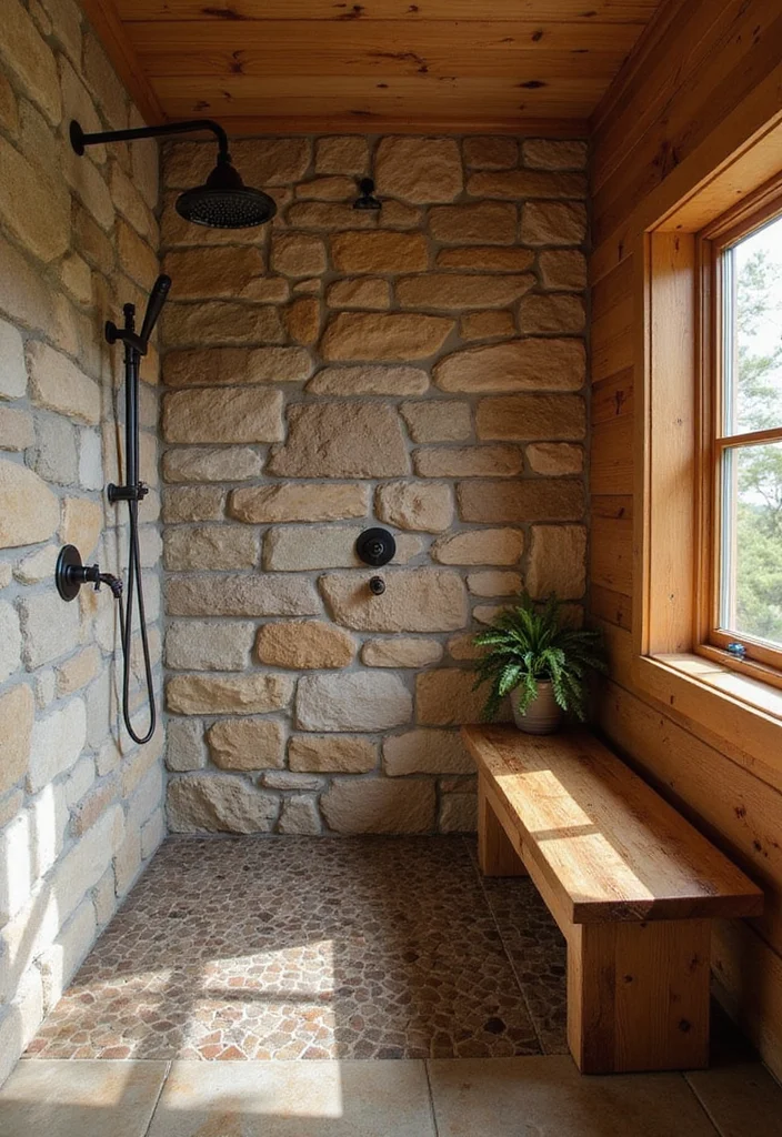 12 Log Cabin Bathroom Ideas for Warm Rustic Charm - 2. Stone Shower Walls