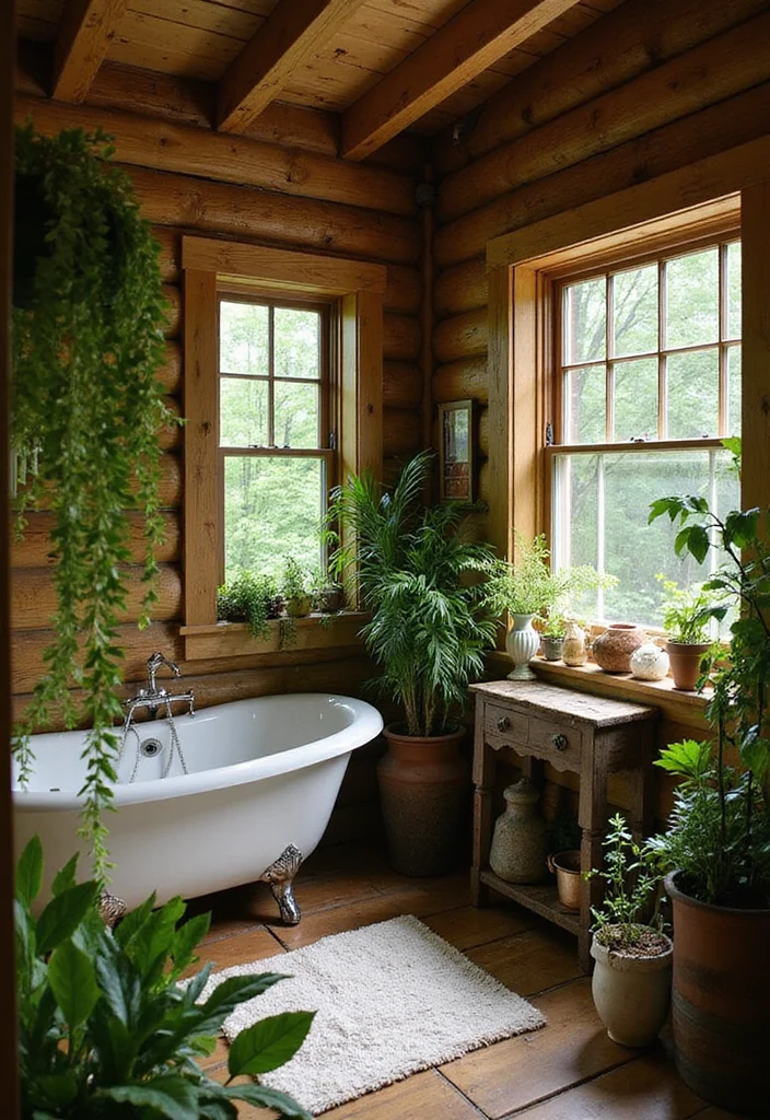 12 Log Cabin Bathroom Ideas for Warm Rustic Charm - 9. Greenery and Plants
