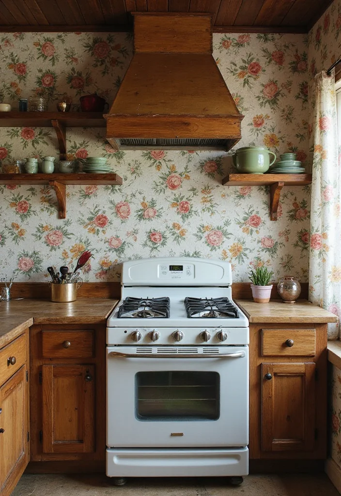12 Rustic Kitchen Backsplash Ideas for Warm Textured Style - 7. Vintage Wallpaper